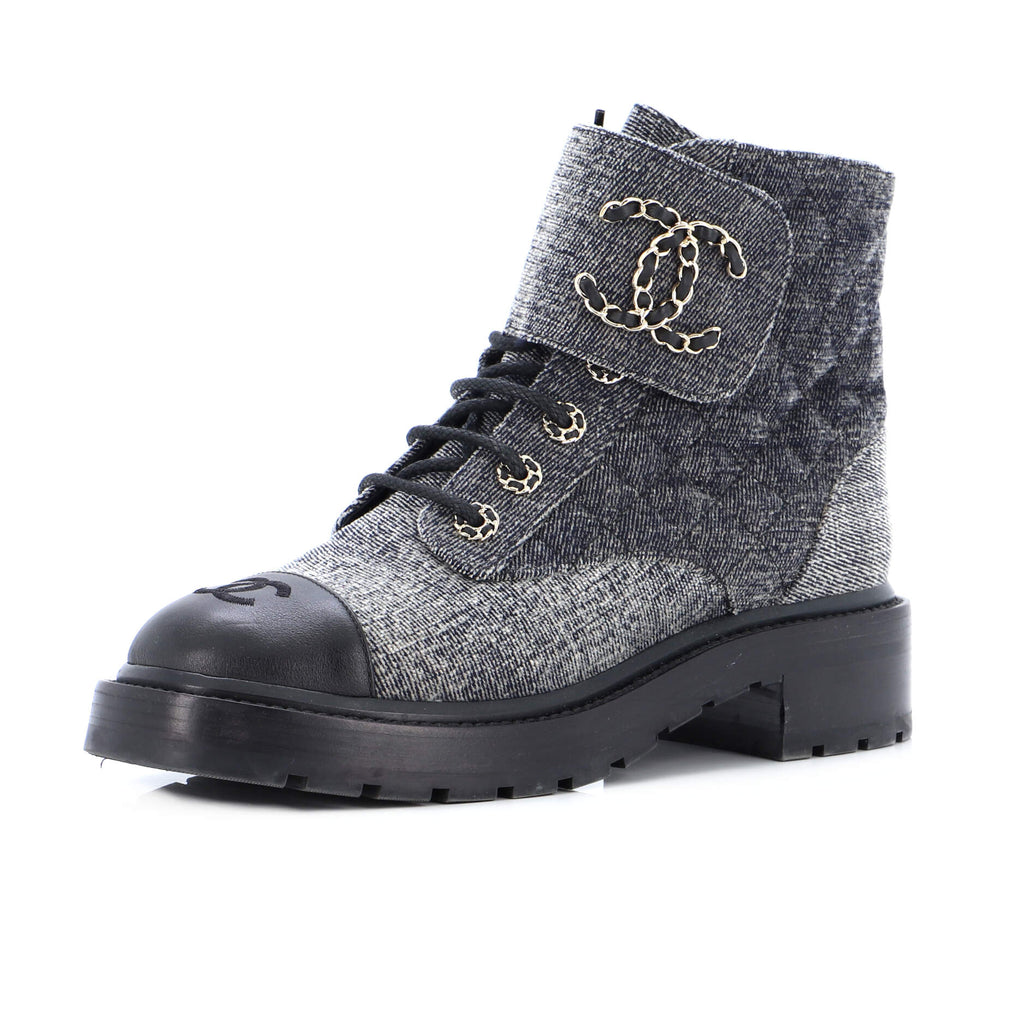 Chanel Women's Chain CC Cap Toe Lace Up Combat Boots Quilted Denim and  Leather Black 2401111
