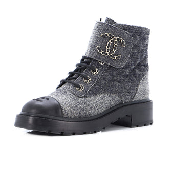 Chanel Women's Chain CC Cap Toe Lace Up Combat Boots Quilted Denim