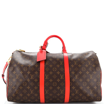 Louis Vuitton Keepall Bandouliere Bag Monogram Canvas with Coquelicot Leather Trim 50