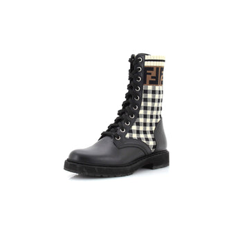 Fendi Women's Rockoko Combat Boots Leather with Printed Knit Stretch Fabric and Zucca Trim