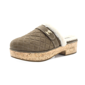 Chanel Women's CC Turnlock Clogs Quilted Suede with Shearling