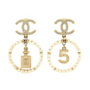 Chanel N. 5 Round Dangle Earrings Crystal Embellished Metal and Faux Pearls
