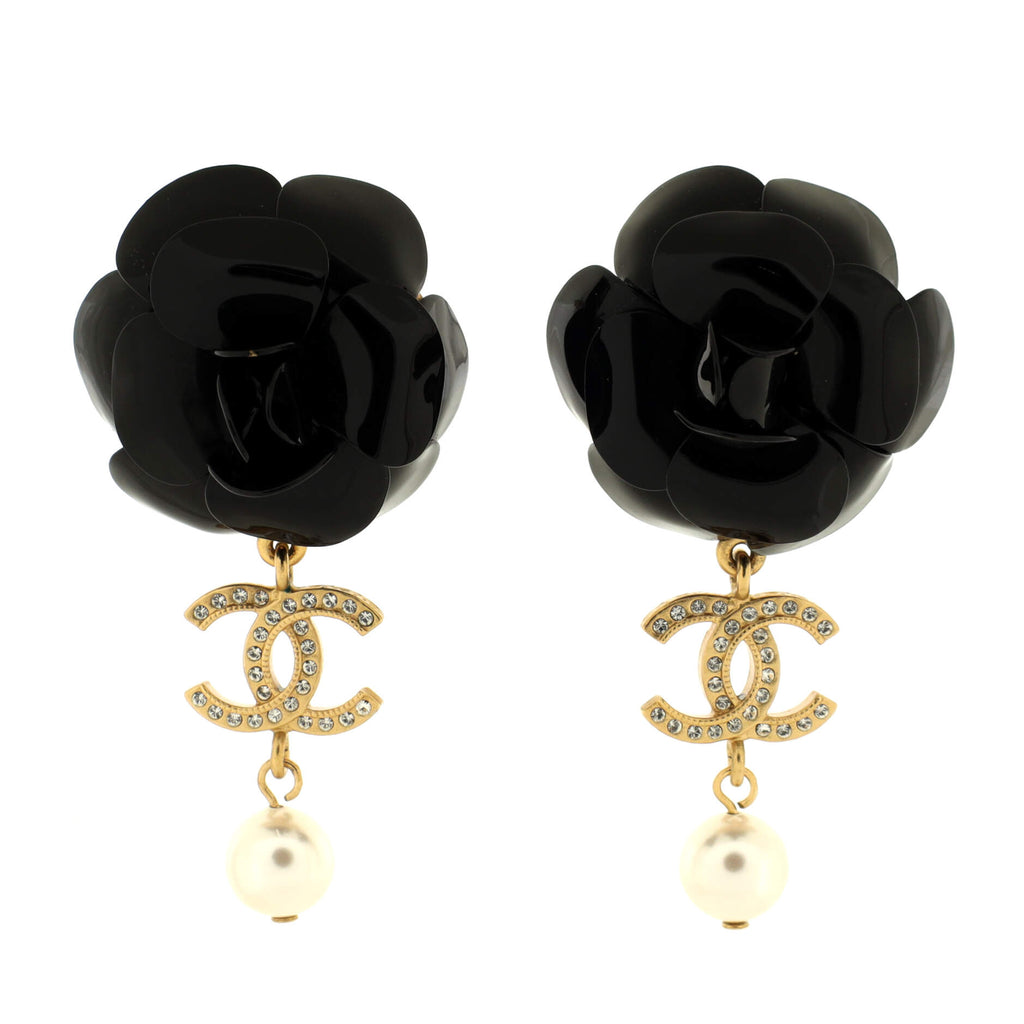 Chanel Faux Pearl and Crystal Camellia CC Logo Drop Earrings