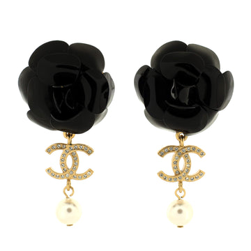 Chanel Camellia CC Dangle Earrings Metal with Crystals and Faux Pearl and Resin