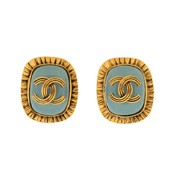 Vintage Chanel 1993 Gold Tone CC Navy Blue Resin Clip On Earrings