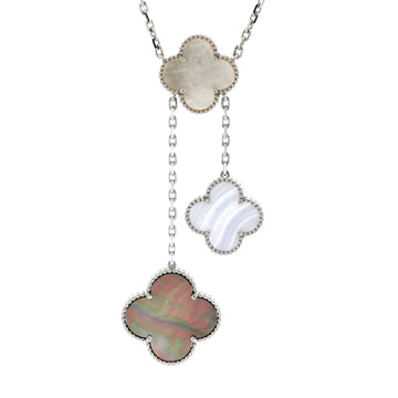 Van Cleef & Arpels Magic Alhambra 6 Motifs Necklace 18K White Gold with Mother of Pearl and Chalcedony