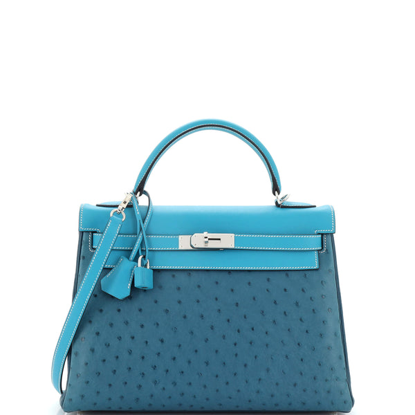Hermes Kelly Handbag Tricolor Ostrich with Swift and Clemence and Palladium  Hardware 32 Blue 2405001