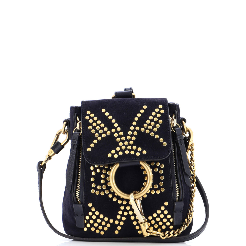 chloe faye small leather/suede backpack Chloe Faye Backpack Studded Leather and Suede Mini Blue 2405241