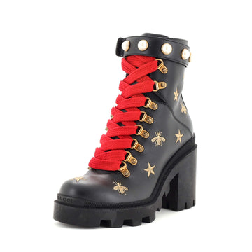 Gucci Women's Heeled Lace Up Combat Ankle Boots Leather with Faux Pearls
