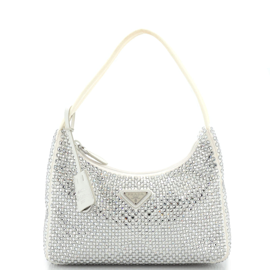 Prada Re-Edition 2000 Hobo Crystal Embellished Satin Mini Neutral
