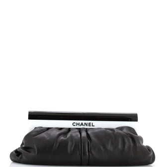 Chanel Resin Logo Frame Clutch Pleated Leather Medium