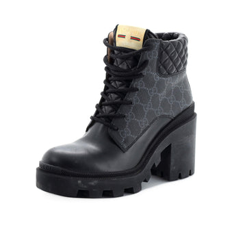 Gucci Women's Lace Up Heeled Ankle Boots GG Coated Canvas with Quilted Leather