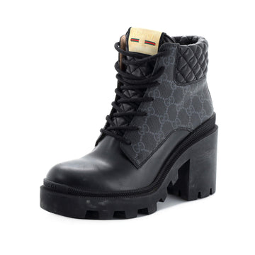 Gucci Women's Lace Up Heeled Ankle Boots GG Coated Canvas with Quilted Leather