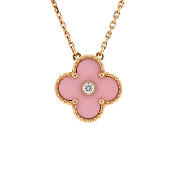Van Cleef & Arpels Vintage Alhambra Pendant Necklace 18K Rose Gold and Pink Sevres Porcelain with Diamond