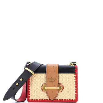 Prada Cahier Crossbody Bag Straw and Leather with Ostrich Small