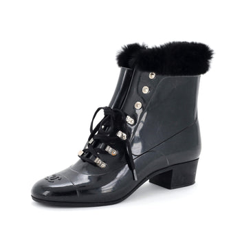 Chanel Women's Cap Toe CC Lace Up Rain Boots Rubber with Fur