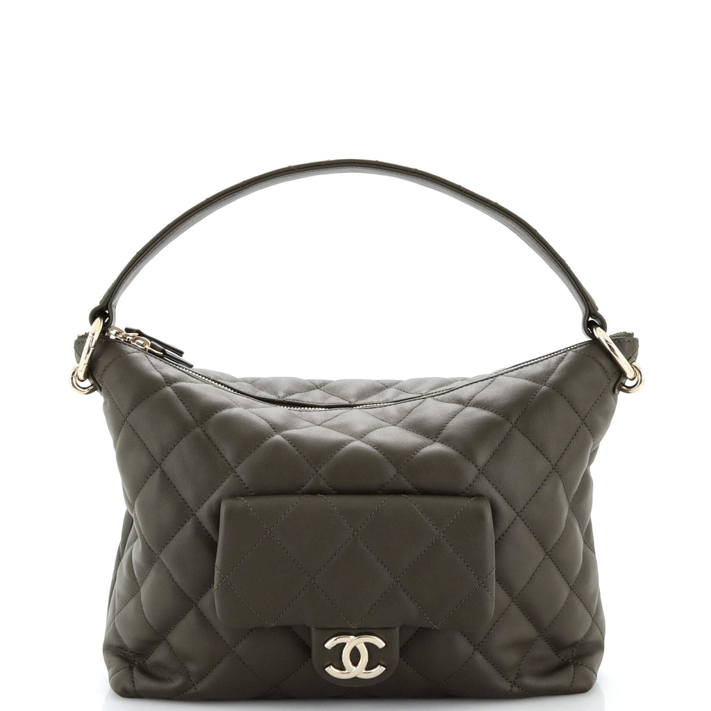 Chanel CC Front Pocket Hobo Quilted Lambskin Large Green 2411381