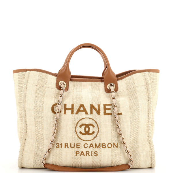 Chanel Deauville Tote Striped Mixed Fibers Medium Neutral