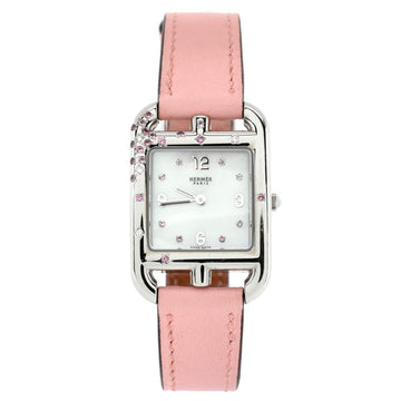 Hermes Cape Cod Quartz Watch Stainless Steel and Leather with Rose Sapphires, Diamonds and Mother of Pearl 23