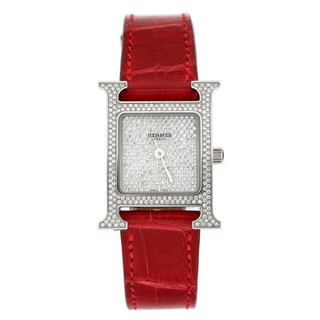 Hermes Heure H Quartz Watch Stainless Steel and Alligator with Diamond Bezel and Pave Dial 21