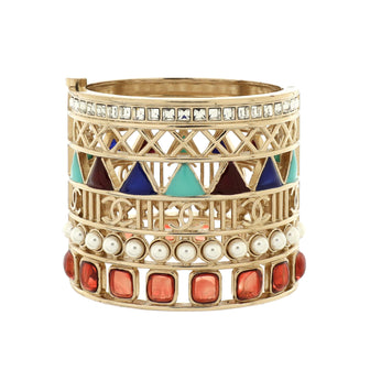 Chanel Geometric CC Hinged Bangle Bracelet Metal with Crystals, Faux Pearls and Resin Wide