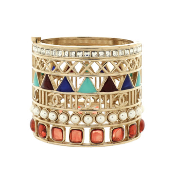 Chanel Geometric CC Hinged Bangle Bracelet Metal with Crystals, Faux Pearls and Resin Wide