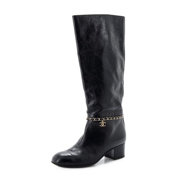 Chanel Women's CC Chain Cap Toe Heeled Boots Leather