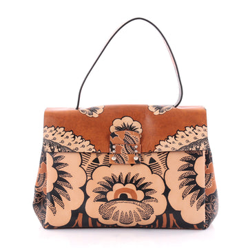 Valentino Floral Top Handle Bag Printed Leather Medium Brown 2419501