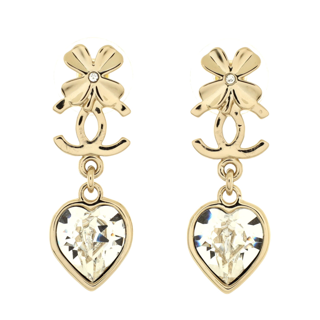 CHANEL Pearl Crystal CC Heart Drop Earrings Gold 882869