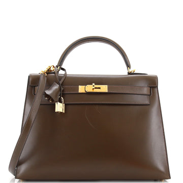 Hermes Kelly Handbag Green Box Calf with Gold Hardware 32