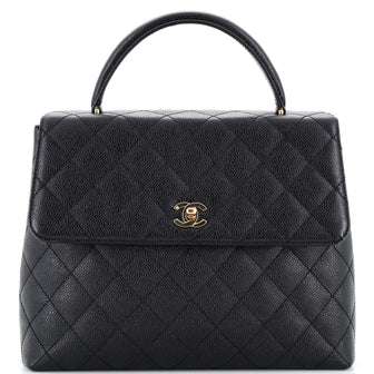 Chanel Vintage Classic Top Handle Flap Bag Quilted Caviar Jumbo