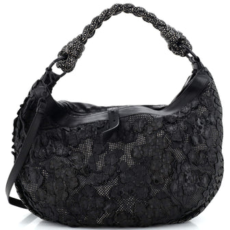 Bottega Veneta Braided Handle Flap Zip Hobo Lasercut Perforated Leather with Floral Applique