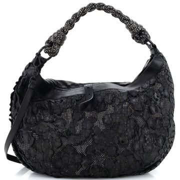 Bottega Veneta Braided Handle Flap Zip Hobo Lasercut Perforated Leather with Floral Applique