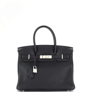 Hermes Birkin Handbag Black Clemence with Palladium Hardware 30