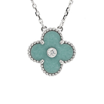 Van Cleef & Arpels Vintage Alhambra Pendant Necklace 18K White Gold and Green Celadon Sevres Porcelain with Diamond
