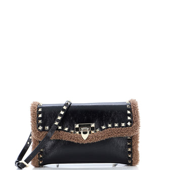 Valentino Garavani Rockstud Flip Lock Flap Bag Patent with Shearling Medium