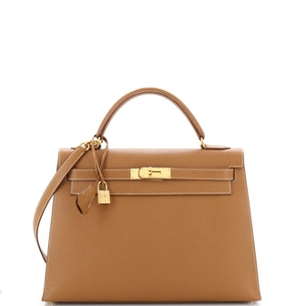 Hermes Kelly Handbag Brown Courchevel with Gold Hardware 32