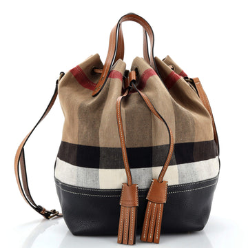 Burberry Heston Bucket Bag House Check Canvas with Leather Medium