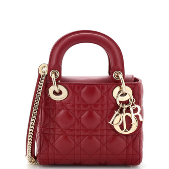 Christian Dior Lady Dior Chain Bag Cannage Quilt Lambskin Mini Red