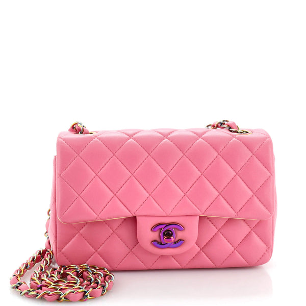 Chanel Classic Single Flap Bag Quilted Lambskin with Rainbow Hardware Mini Pink