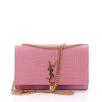 Saint Laurent Classic Monogram Tassel Crossbody Bag Crocodile Embossed Leather Medium Pink 2427301