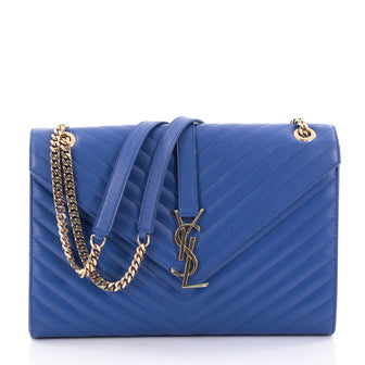 Saint Laurent Classic Monogram Satchel Matelasse Chevron Leather Large Blue 2428601