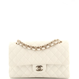 Chanel White Quilted Caviar Medium Classic Double Flap Bag Light Gold  Hardware