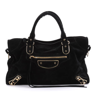 Balenciaga City Classic Metallic Edge Handbag Suede Medium Black 2429901