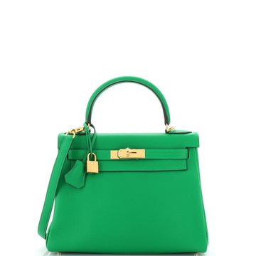 Hermes Kelly Handbag Green Clemence with Gold Hardware 28