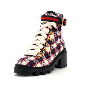Gucci Women's Heeled Lace Up Combat Ankle Boots GG Tweed