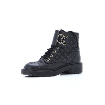 Chanel Women's Chain CC Cap Toe Lace Up Combat Boots Quilted Leather Black  2432101