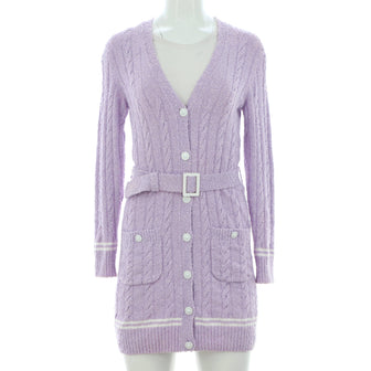 Chanel Women's Belted Cable Knit Long V-Neck Cardigan Viscose Blend