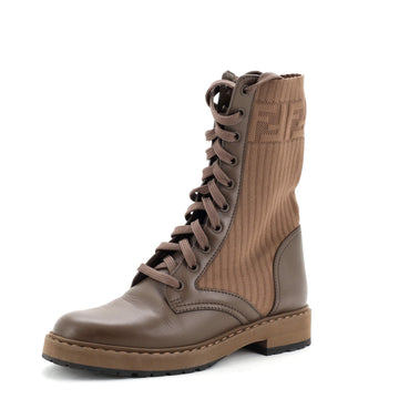 Fendi Women's Rockoko Combat Boots Leather with Knit Stretch Fabric and Zucca Trim