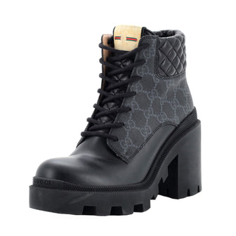 Gucci Women's Lace Up Heeled Ankle Boots GG Coated Canvas with Quilted Leather